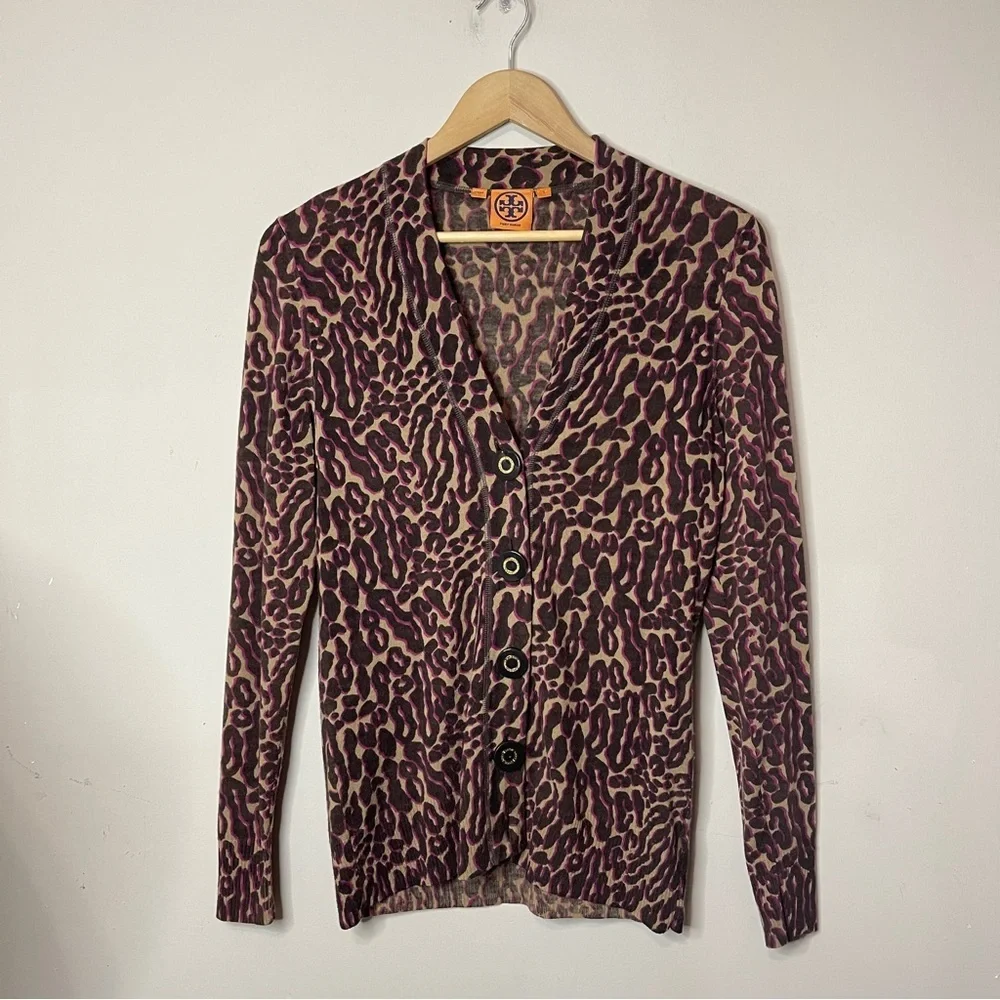 TORY BURCH Lightweight Merino Wool Leopard Print Button-Up Cardigan, Small‎
